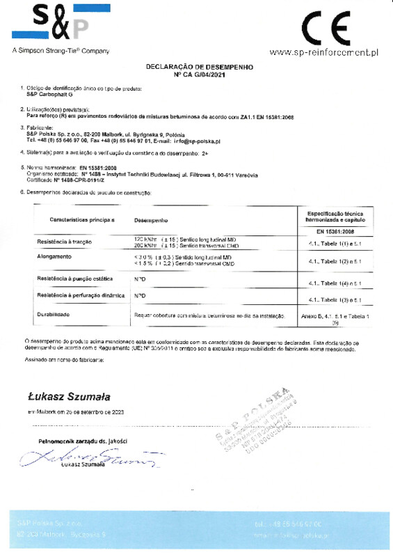 Declaração de Desempenho S&P Carbophalt® G