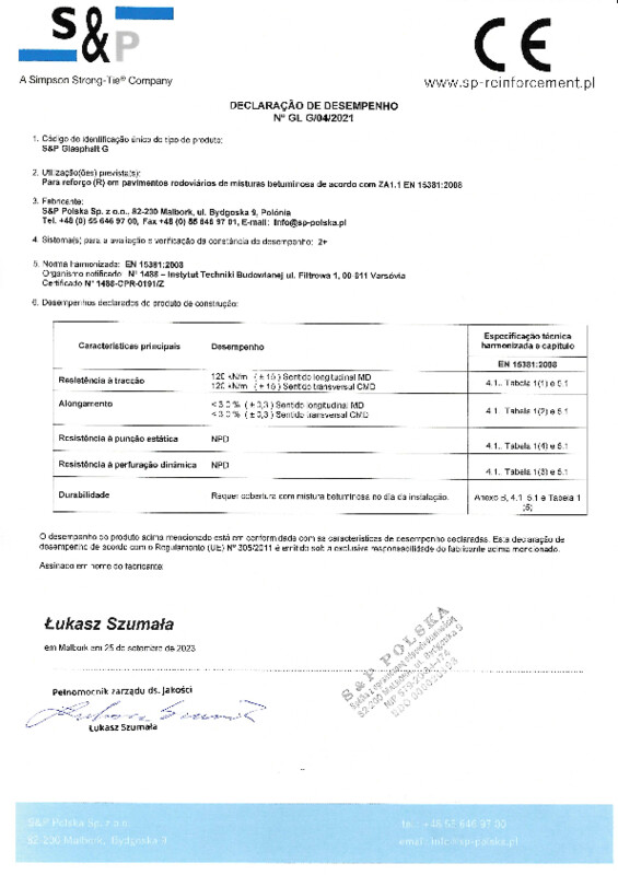 Declaração de Desempenho S&P Glasphalt® G