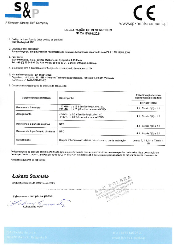Declaração de Desempenho S&P Carbophalt® GV