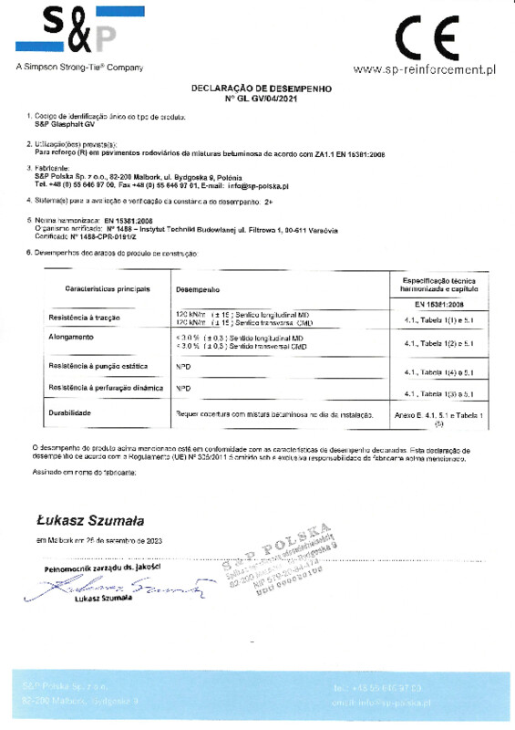 Declaração de Desempenho S&P Glasphalt® GV