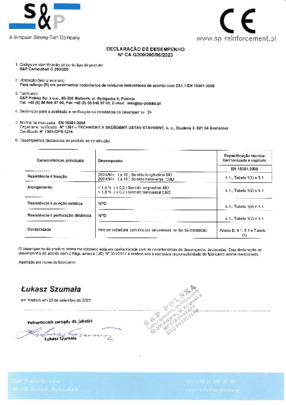Declaração de Desempenho S&P Carbophalt® G 200/200